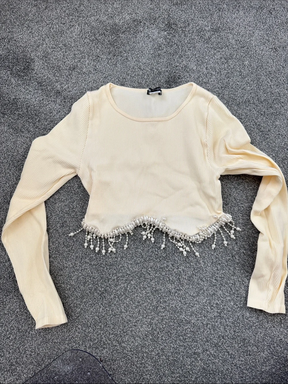 Zara Cream Ribbed Long-Sleeve Cropped Top with Beaded Fringe